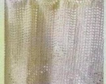 May include: White crocheted curtains with a delicate pattern. The curtains are hung on a rod with hooks.
