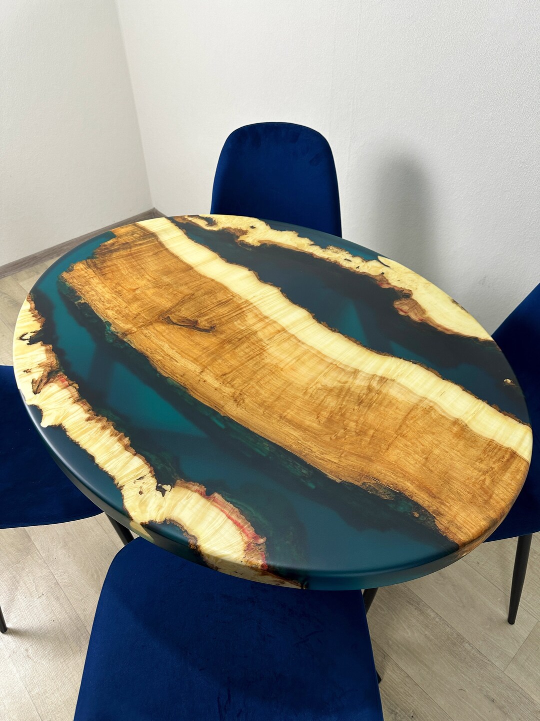 Epoxy Resin Oval Dark Blue Kitchen Table, Natural Wood and Resin Dining