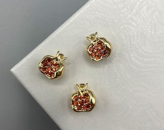 1pc 18K Gold Plated Brass Pomegranate Charm with Cubic Zirconia – Red Pendant for Earrings, Necklace, Bracelet, Jewellery Making – Supplies