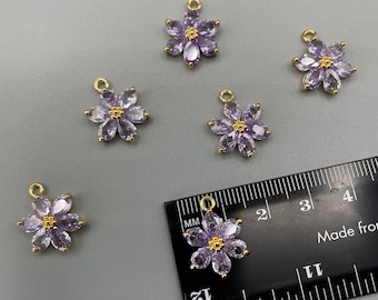 1pc 18K Gold Plated Light Violet Flower Pendant with Zircon Accent - Floral Charm for Earrings, Bracelets, Jewellery Making, DIY
