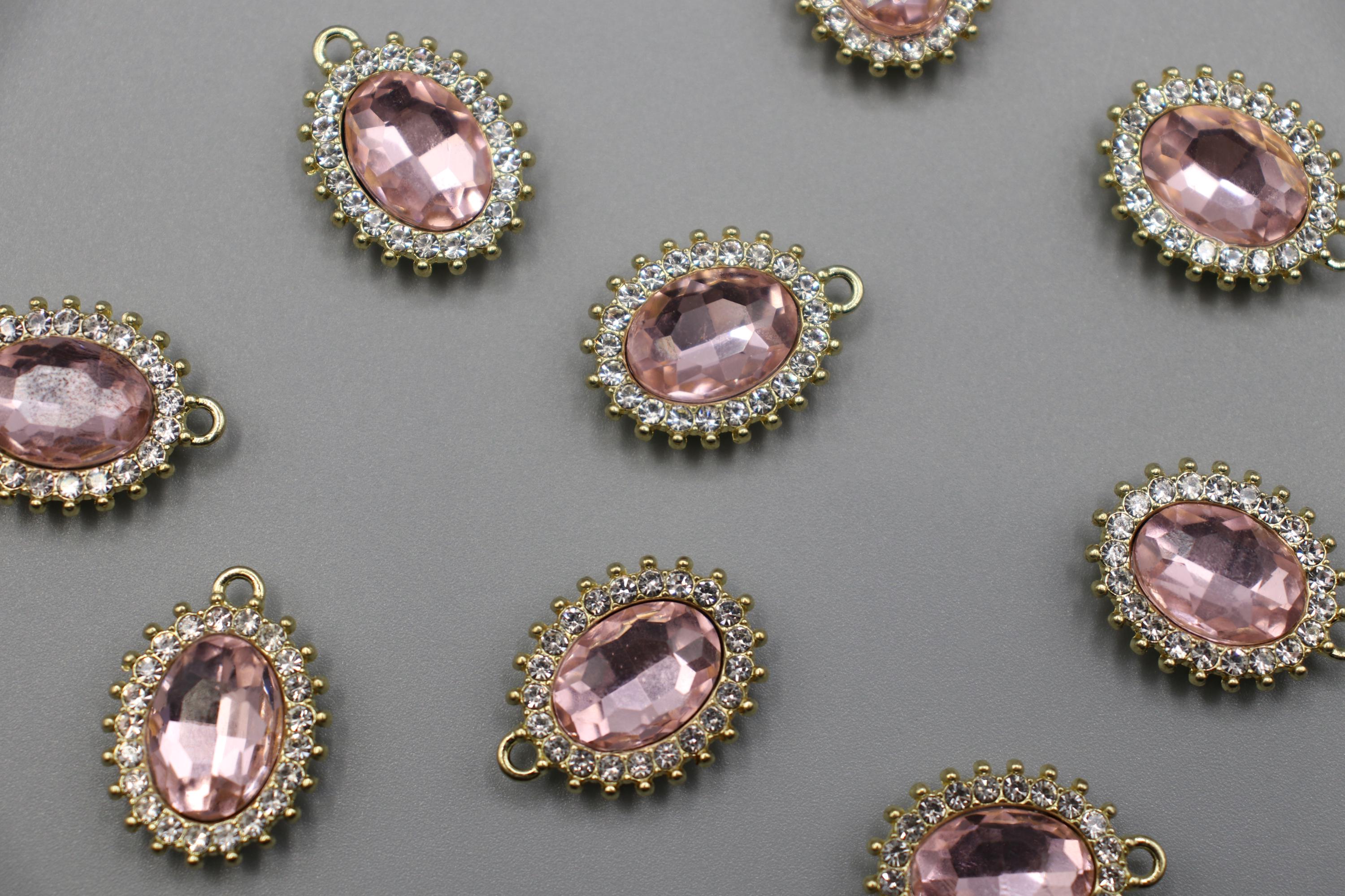 2pcs Light Pink Oval Pendant with Glass Crystal in Gold - 18x24mm Charm for Earrings, Bracelets, Necklaces, Jewellery Making, DIY