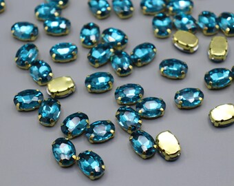 Conjunto de 10 peças – 14x10x6,5 mm de strass de vidro azul para costurar, – strass de água-marinha brilhante, cristais ovais facetados dourados para DIY, artesanato