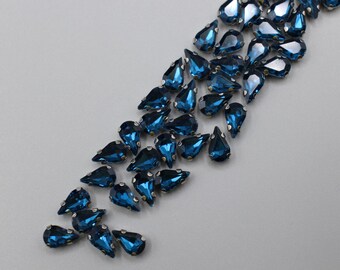 10x6.5mm - 15pcs Dark Turquoise Glass Rhinestones – Bright Dark Blue Teardrop Crystals with Silver Claw, Sew-On Crystals for DIY & Crafting
