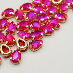 14x10mm Set of 15 Neon Fuchsia Glass Teardrop Rhinestones  – 14 x 10 mm  Pink Ruby Glass Gold Sew-On Crystals for DIY & Crafting