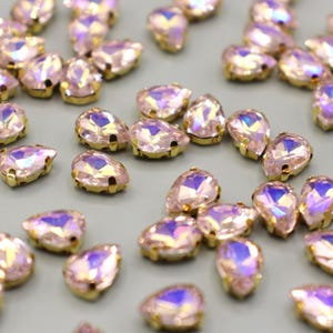 7x10 or 10x14mm Pink AB Glass Teardrop Rhinestones  –  Bright Pink Glass Gold Sew-On Crystals for DIY & Crafting