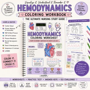 May include: A spiral-bound Hemodynamics Colouring Workbook featuring medical illustrations of a heart, pressure waveforms, and educational text. The cover includes the title Hemodynamics Colouring Worksheet, diagrams of cardiac output, preload, and afterload, and several loose pages with charts and study notes for nursing students.