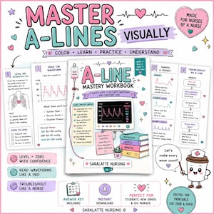 May include: A digital educational workbook titled Master A-Lines Visually, featuring nursing study guides, waveform analysis charts, troubleshooting steps, and a cartoon coffee cup character, all presented in a colorful, illustrated layout.