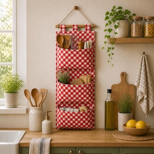May include: A hanging wall organizer featuring three deep pockets made of red and white gingham fabric. The organizer is suspended from a wooden dowel with a rope hanger and contains various kitchen utensils and small items in each pocket.