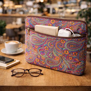 May include: A colorful paisley laptop sleeve with a zippered pocket, holding a small box and a white power adapter. The sleeve is on a wooden table with a pair of eyeglasses, a notepad, and a cup of coffee.