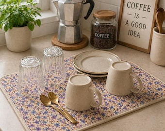 Handmade Floral Cotton Dish Drying Mat, Absorbent Kitchen Pad