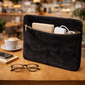 Black Plush Laptop Sleeve, Computer Cover with Pockets, Cotton Macbook Sleeve