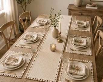 Woven Table Runner Set, 6 Placemats, Neutral Farmhouse Dining Table Decor