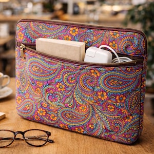 May include: A vibrant laptop sleeve featuring a paisley design in purple, blue, yellow, and orange. The zipped pocket holds a small box and a white power adapter. Eyeglasses are positioned in front of the sleeve.