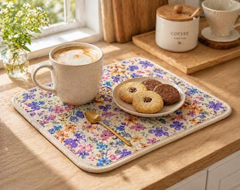 Handmade Cotton Dish Towel, Dish Drying Mat, Hand-Washed Dishes, Flower-Patterned Drying Mat
