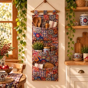 May include: A wall-hanging fabric organizer featuring three deep pockets with a vibrant, multi-colored floral and geometric patchwork pattern. The organizer is suspended from a wooden rod with a cord and holds various kitchen utensils and small items.