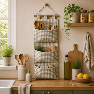May include: A wall-mounted fabric organiser featuring three pockets with a beige and white gingham pattern. The organiser hangs from a wooden rod with a rope. It holds various kitchen utensils, a small plant, and folded kitchen textiles.