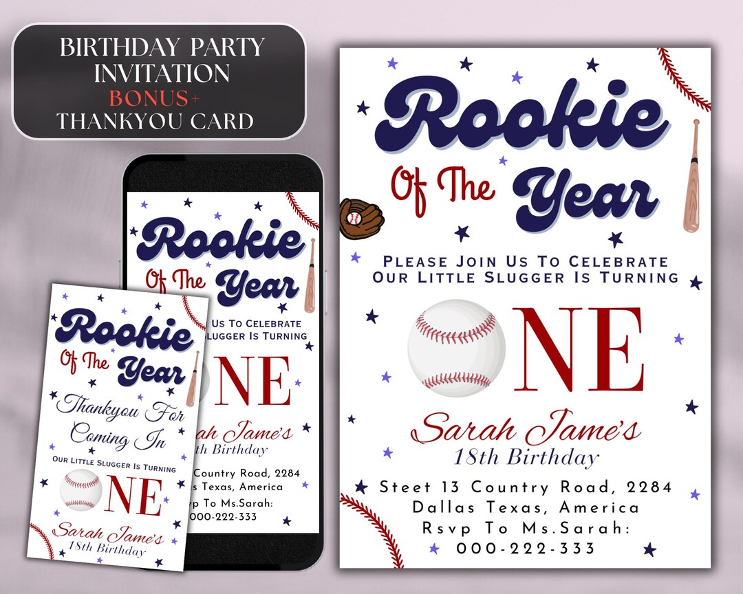 Editable Rookie of the Year First Birthday Invitation Baseball 1st ...