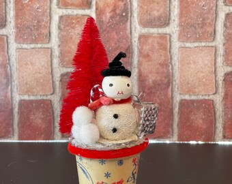 Vintage Snowman vignette on ice cream cup