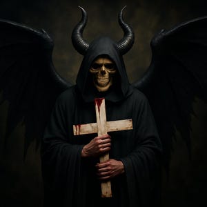 May include: A figure in a black hooded robe with large black wings and curved horns. The figure holds a wooden cross stained with red, against a dark background. The figure's face is a skull.