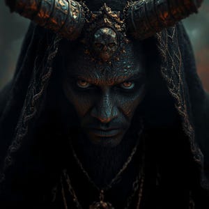 May include: A dark, detailed portrait of a demonic figure with glowing eyes. The figure wears a black hooded cloak and a horned headdress with skull accents. Intricate gold detailing adorns the headdress and cloak, creating a striking contrast against the dark skin.