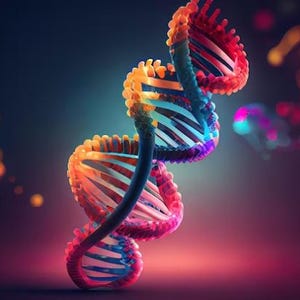 May include: A colorful, 3D rendering of a DNA double helix, a model of the molecule that carries genetic information. The helix is made up of two strands that are twisted around each other, and the strands are connected by pairs of bases. The bases are represented by different colors, and the helix is set against a dark blue background with colorful bokeh lights.