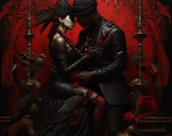 May include: A couple in black clothing poses against a red background with ornate gold accents. The woman wears a feathered headdress and the man wears a black hat. The couple is surrounded by birds and roses.