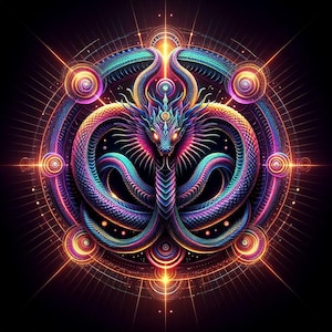 Puede incluir: Una ilustración abstracta y colorida de una serpiente con cabeza de dragón, rodeada de un patrón geométrico de círculos y líneas. La serpiente está representada en tonos de azul, morado, rosa y verde, con un efecto brillante.