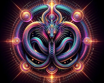 Könnte beinhalten: Eine farbenfrohe, abstrakte Illustration einer Schlange mit einem drachenartigen Kopf, umgeben von einem geometrischen Muster aus Kreisen und Linien. Die Schlange ist in Blautönen, Lila, Rosa und Grün dargestellt, mit einem leuchtenden Effekt.