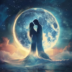 Può includere: Un'opera d'arte digitale romantica raffigura una coppia in silhouette contro una grande luna luminosa. Le figure si abbracciano, con la luna e le stelle che creano una scena celeste. L'opera ha una qualità sognante ed eterea con colori tenui e linee fluide.