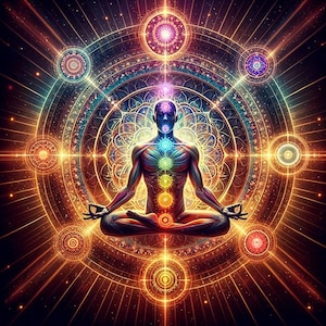 Può includere: Un'illustrazione colorata di una persona che medita con sette chakra rappresentati da diversi colori. I chakra sono allineati con la colonna vertebrale e sono circondati da un disegno di mandala.