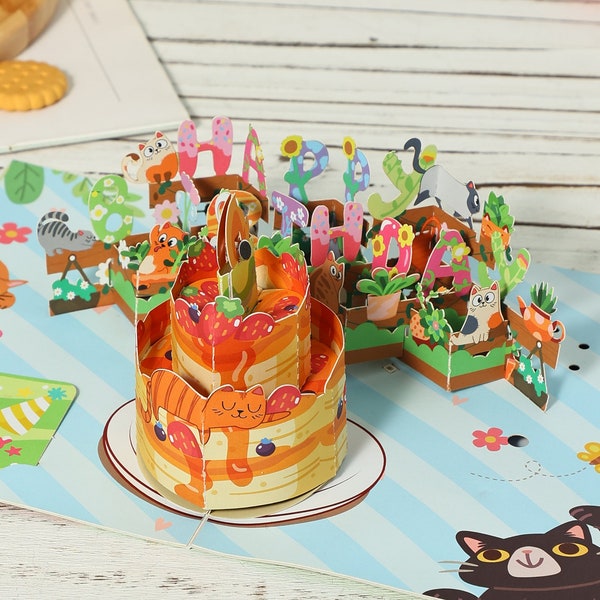 Gâteau d'anniversaire chat, lumières et musique, cartes pop-up 3D, cadeaux d'anniversaire mignons, carte de jardin avec chanson d'anniversaire pour elle, cartes de voeux, cadeau pour animal de compagnie