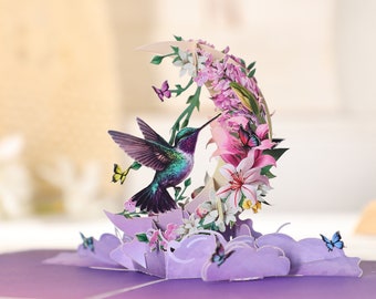 Hummingbird Flower 3d pop-up kaart, Moederdag cadeaubon, Verjaardagscadeau, cadeau voor haar, lente cadeaubon, Verjaardag Bloemenkaart