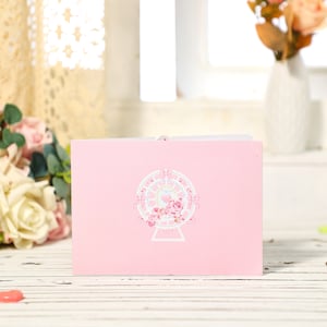 Pink Rose Ferris Wheel pop up card Birthday gift card gift for her Anniversary card wedding card Love card gift for girlfriend greeting card valentines day card