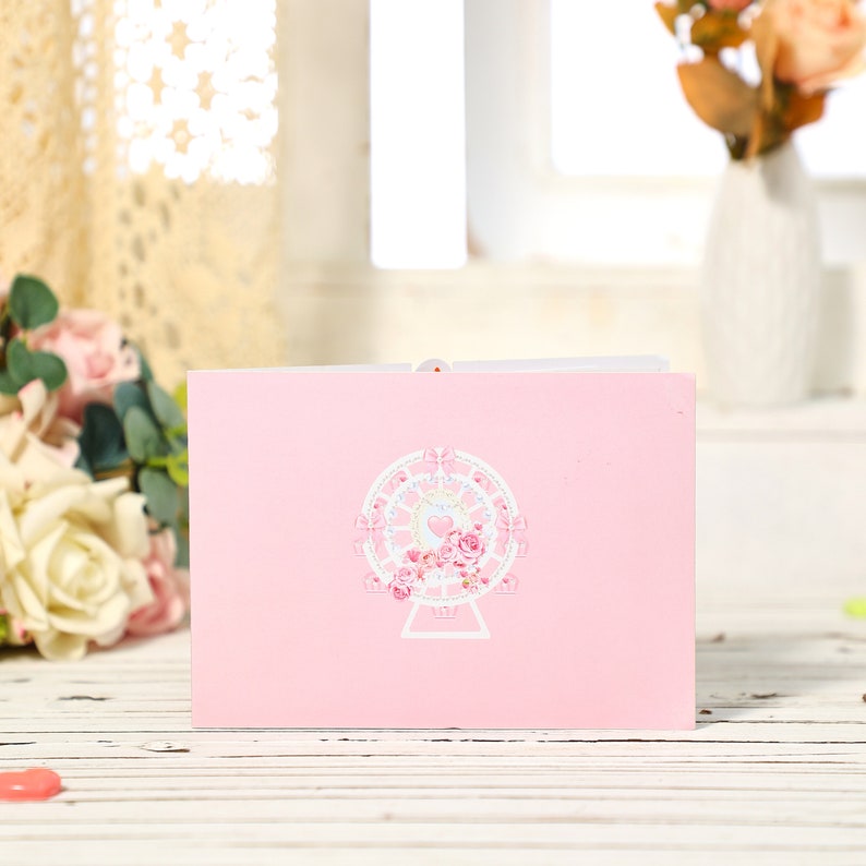 Pink Rose Ferris Wheel pop up card Birthday gift card gift for her Anniversary card wedding card Love card gift for girlfriend greeting card valentines day card