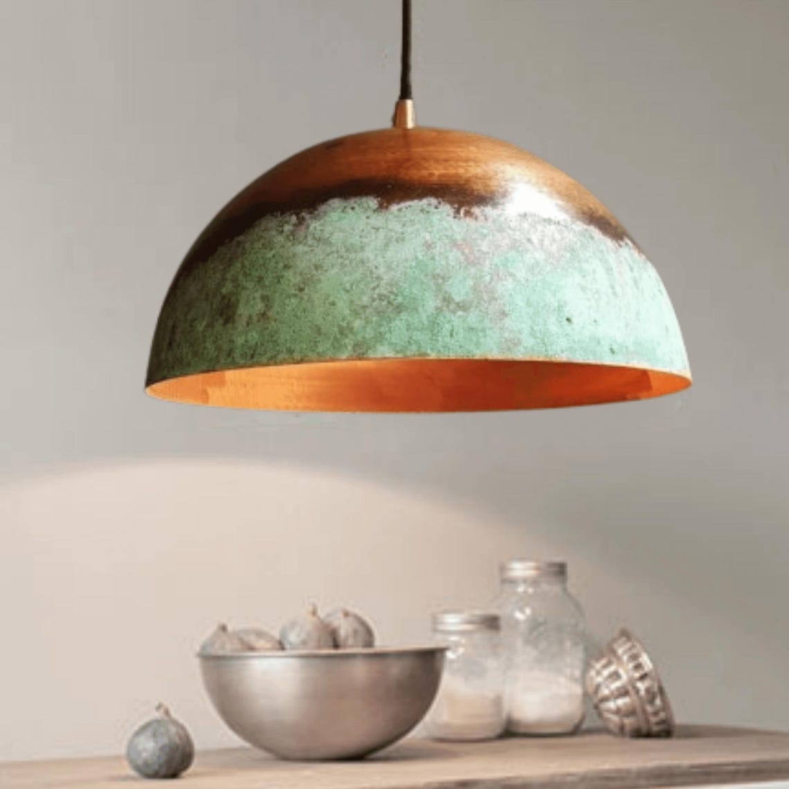 Copper Farmhouse Kitchen Lighting, Rustic Hanging Light Fixture, Green ...
