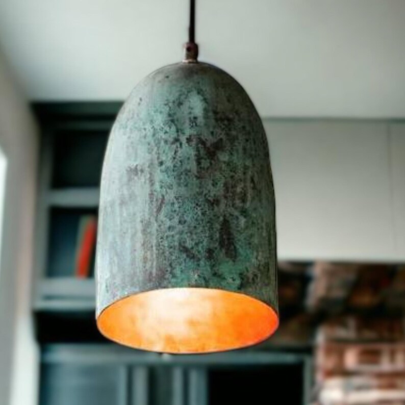 View of Patina Copper Farmhouse Kitchen Light Fixture Green Patina Single Light ...