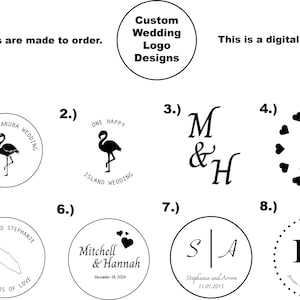 May include: Eight black and white wedding logo designs. The designs feature a flamingo, hearts, initials, and a map of Aruba. The text "Custom Wedding Logo Designs" is at the top of the image. The text "This is a digital download." is at the top right of the image.