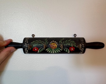 Miniature Wall Hanging Rolling Pin Key Hook Black Folk Design Primitive Country