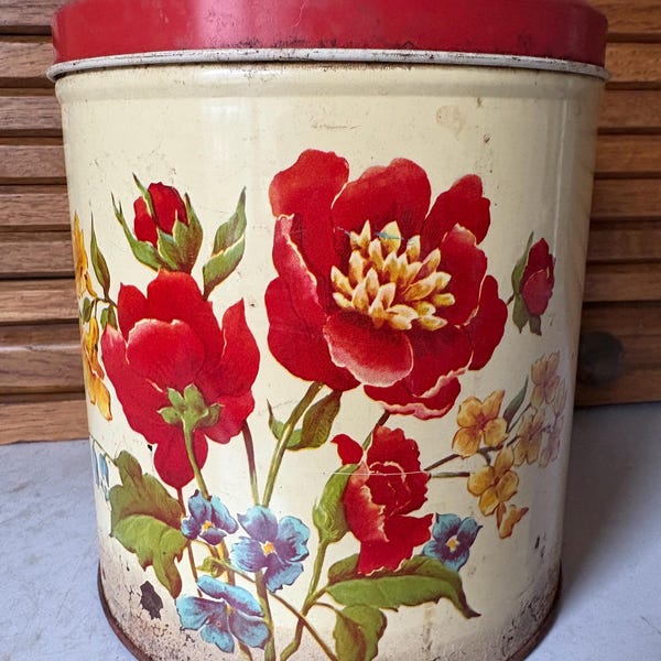 Vintage Parmeco Floral Tin With Lid Red Flowers Forget Me Not Peonies Primrose
