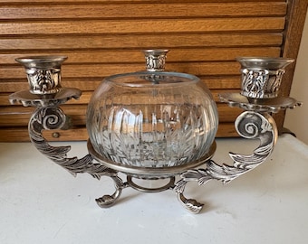 Triple Candelabra With Globe Pillar Pewter Unique  6” Tall Centerpiece Display