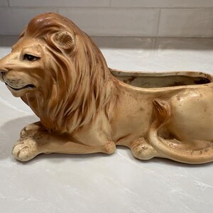 May include: A ceramic planter shaped like a reclining lion with a tan and brown finish. The lion has a detailed mane, a focused facial expression, and a hollow opening on its back for plants. The sculpture features a smooth, glazed surface.