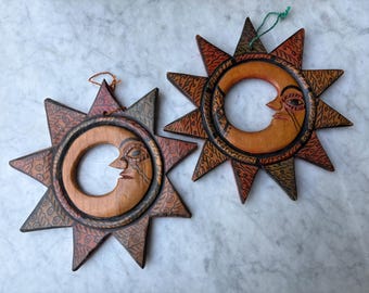 Pair Of Celestial Wall Hanging Sun Moon Decor Wood Hand Painted 10”