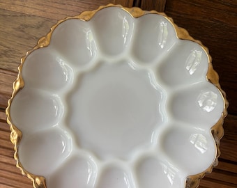 Anchor Hocking White Egg Plate With Gold Trim Scalloped Edge