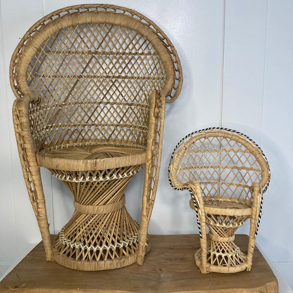 2 Vtg Miniature Peacock Boho Fan Wicker Rattan Doll Chair Plant Stands