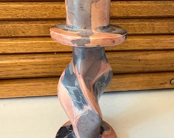 Hand Carved Flowers Leaves Soapstone Candle Holder Made Kenya Pink Blue