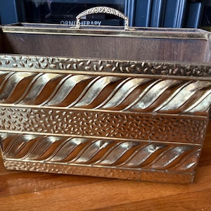 Vintage MCM Brass & Wood Magazine Holder Rack Made in England Hollywood Regency