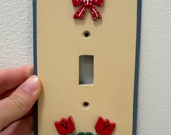 Handmade Wooden Light switch Plate Cover Red Tulips Red Bow Cottagecore
