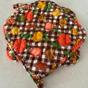 May include: A quilted, brown and white checkered pot holder with a fruit pattern. The design includes orange, yellow, and red fruits with green leaves. The edges are trimmed with orange fabric.