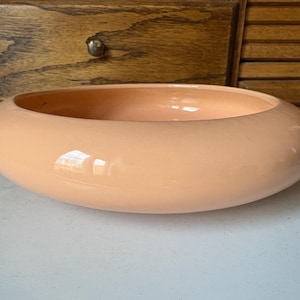 May include: A peach-colored, oval-shaped ceramic bowl. The bowl has a smooth, glossy finish and a wide, shallow design. The bowl is sitting on a white surface, with a wooden cabinet in the background.