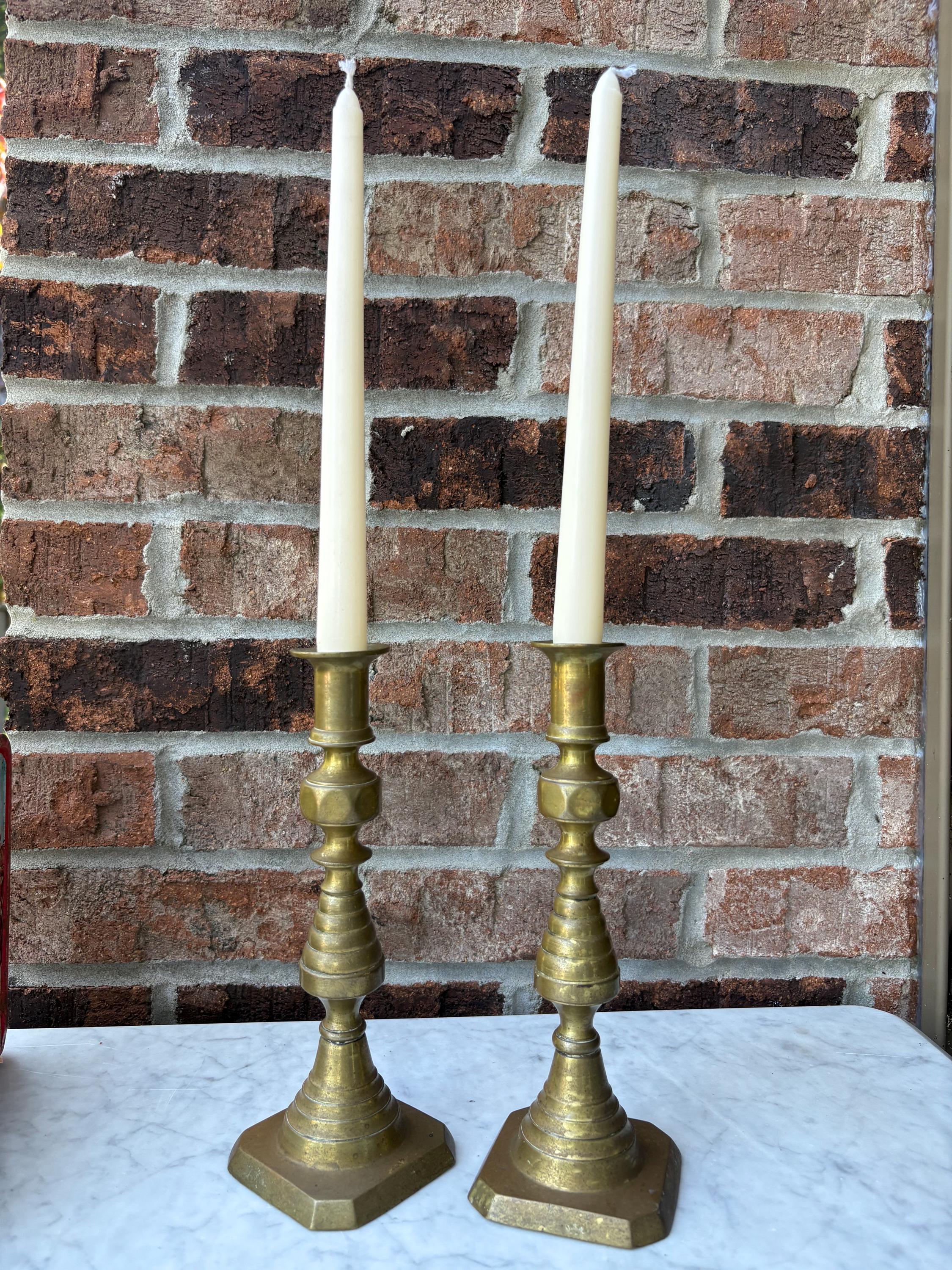 Pair of Solid Brass English Beehive Style Pushup Candlesticks